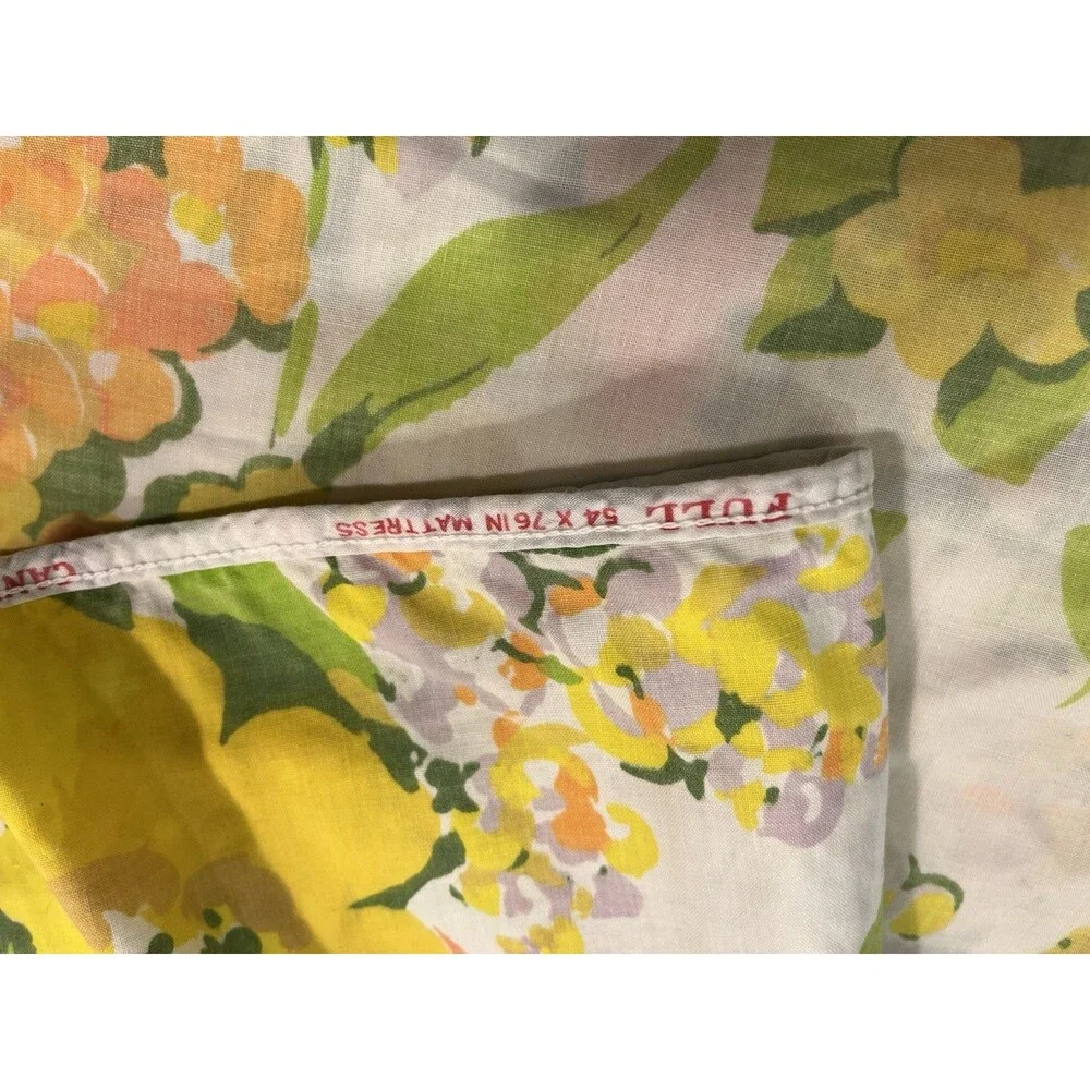VTG Cannon No Iron Full Fitted Sheet 70s Tulips Floral Orange Yellow Green Craft